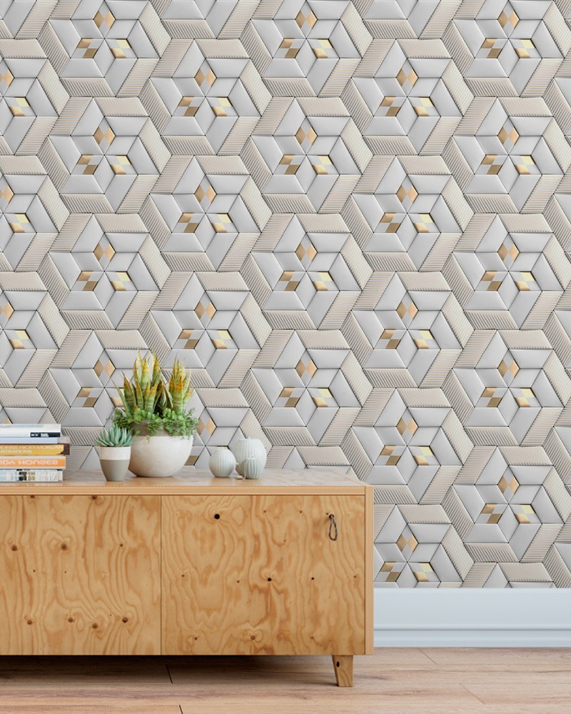 Papel de Parede 3D  Geométrico em Tons de Cinza e Amarelo Autocolante