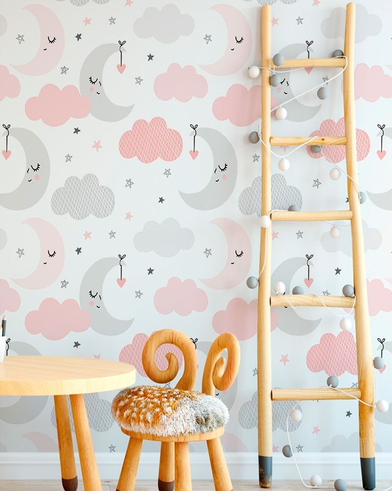 Papel de Parede Infantil - Céu, Nuvem, Estrela e Lua em Tons de Rosa, Cinza e Branco Adesivo Autocolante