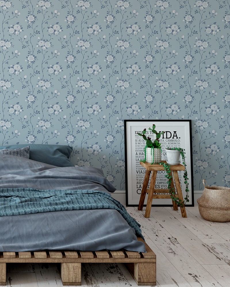 Papel de Parede Rosas em Tons de Azul - Adesivo Autocolante
