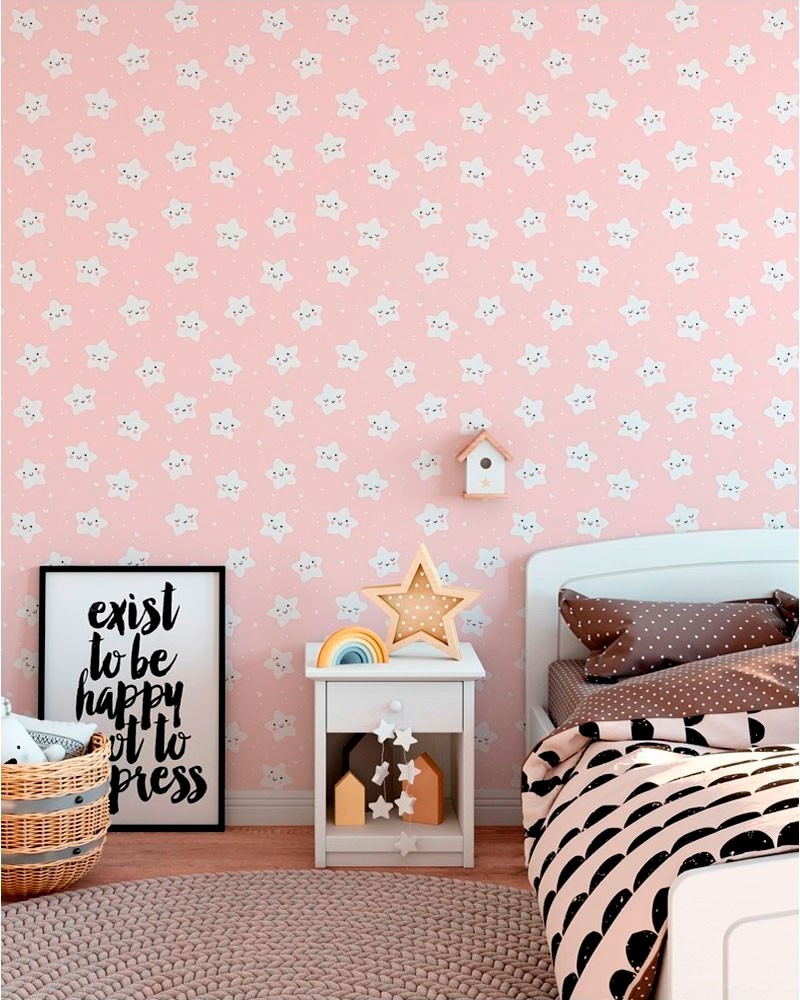 Papel de Parede Infantil - Estrelinhas Sorrindo em Tons de Rosa e Branco Adesivo Autocolante
