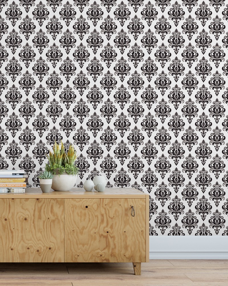 Papel de Parede Arabesco em Preto e  Fundo Branco - Adesivo Autocolante