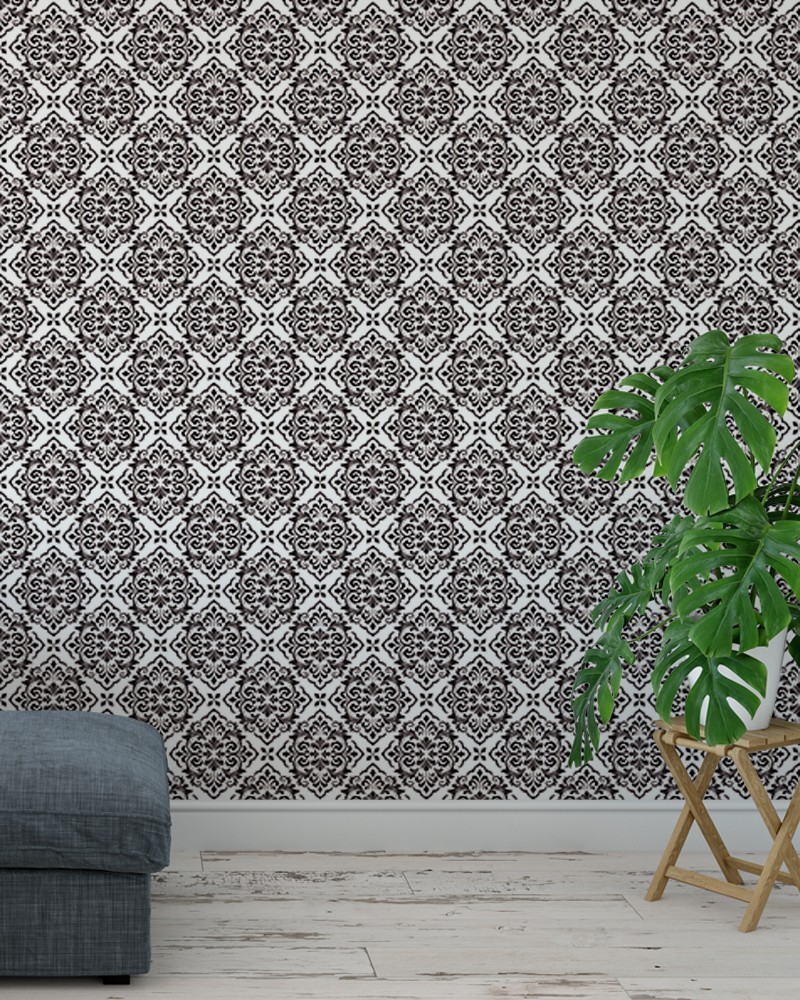 Papel de Parede Arabesco Ramagens Preto e Fundo Branco - Adesivo Autocolante