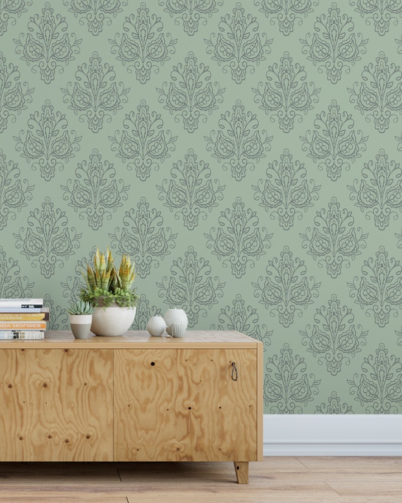 Papel de Parede Arabesco Tons Neutros Verde - Adesivo Autocolante