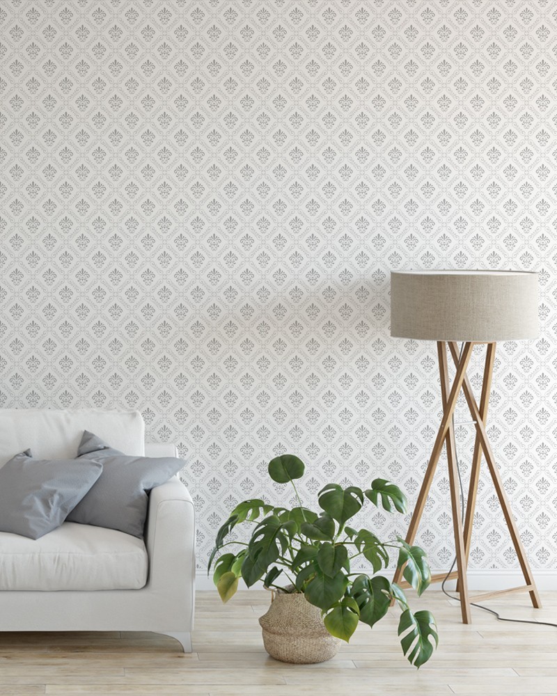 Papel de Parede Arabesco Cinza Claro e Fundo Branco - Adesivo Autocolante