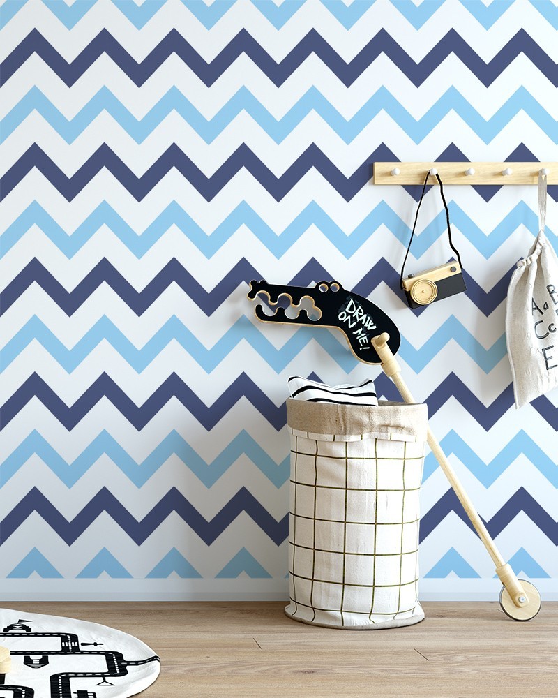 Papel de Parede Chevron Branco Tons de Azul Zig Zag - Adesivo Autocolante