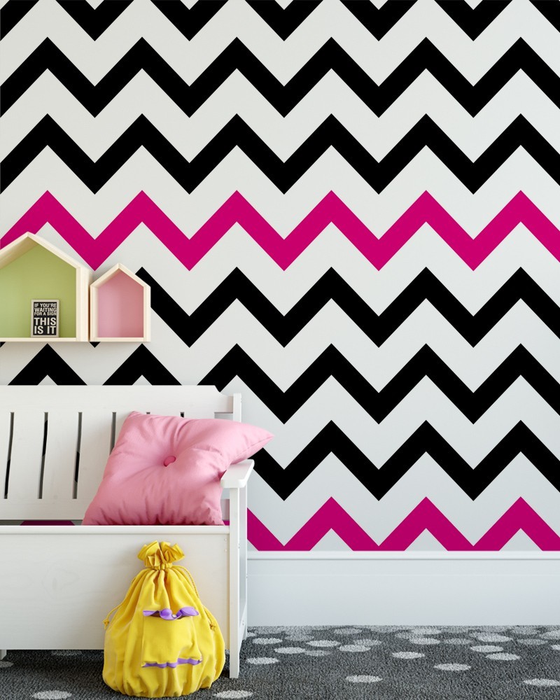 Papel de Parede Zig Zag Chevron Pink, Preto e Fundo Branco - Adesivo Autocolante