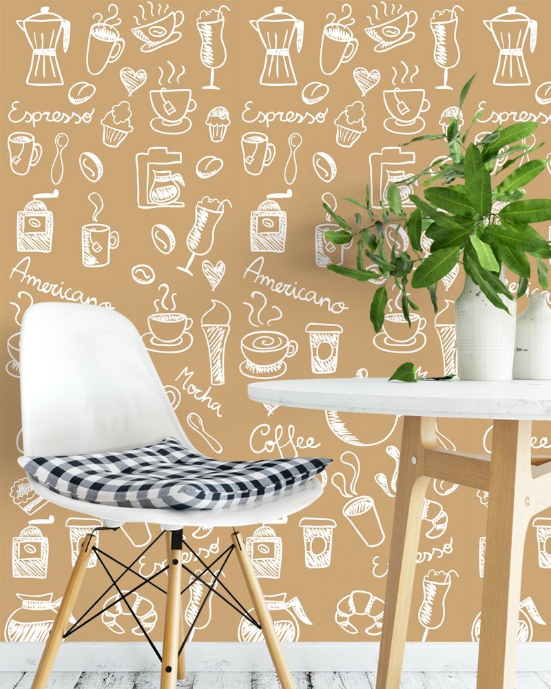 Papel de Parede Temático Coffee Marrom Claro e Branco - Adesivo Autocolante
