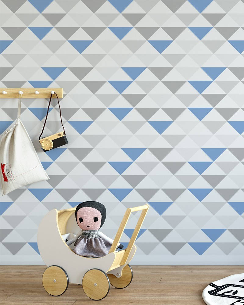 Papel de Parede Chevron Geométrico Azul Branco e Cinza Autocolante
