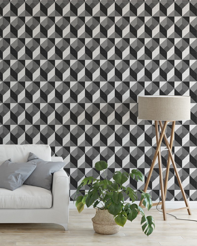 Papel de Parede Geométrico Tons de Cinza e Preto Adesivo Autocolante