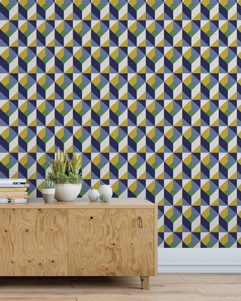 Papel de Parede Geométrico Tons de Azul Amarelo Adesivo Autocolante