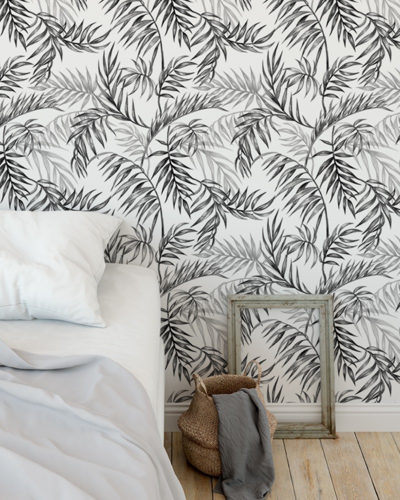 Papel de Parede Fundo claro e Folhas Tons Cinza